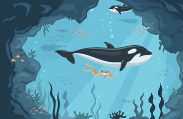 Naklejka premium Scuba diver swimming in the ocean with whales vector flat illustration. Man swimming underwater in coral reef with tropical fishes. Marine life, underwater landscape, sea nature concept.