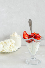 Dessert made from dairy products and strawberries. Delicious and healthy food.