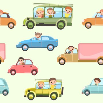 Children drive cars and bus. Seamless cartoon pattern. Kids motorists. Childrens background illustration. Various automobiles. Toy vehicle, motor. Car and truck auto. Vector