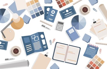 Fototapeta premium Graphic designer working table vector flat top view illustration. Designer or typography worker workplace with color templates, notepads, and documents. Creative job in design studio.