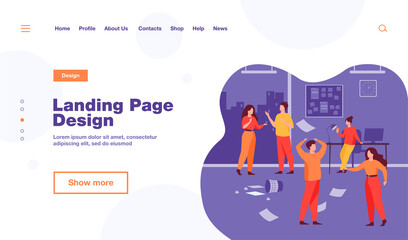 Lazy employees making mess and chaos at workplaces in office. Unorganized managers chatting, using computers at desk among flying papers. For chaotic work, teamwork problem concept