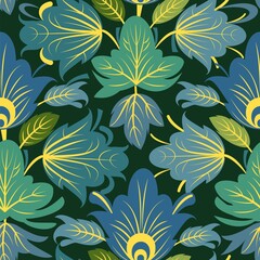Summer vegetable seamless pattern. Nice. Beautiful ornament with interlacing branches and flowers on dark background. Flatly symbolic style. Vector