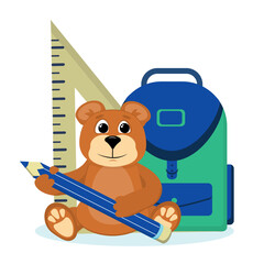 vector illustration on the back to school theme.Teddy bear with a school backpack and pencil in his hands, isolated on a white background.