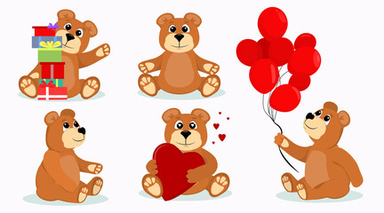 Obraz premium A set of vector illustrations with Teddy bear for celebrations, isolated on a white background.