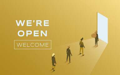 We are open vector flat poster design. People standing in line against open door. Advertising and promotion banner with space for text. Card for cafe, restaurant, store, or shop opening.