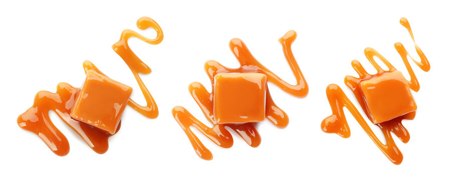 Set of delicious caramel candies with sauce on white background, top view. Banner design