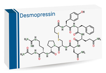 Desmopressin, desmopresina, desmopressinum molecule. It is antidiuretic peptide drug, synthetic analogue of vasopressin. Skeletal chemical formula. Paper packaging for drugs