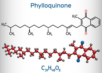 Phytomenadione, vitamin K1, phylloquinone molecule. It is essential fat soluble vitamin, is important in maintaining normal blood coagulation. Structural formula, molecule model.