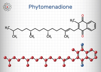 Phytomenadione, vitamin K1, phylloquinone molecule. It is essential fat soluble vitamin, is important in maintaining normal blood coagulation. Sheet of paper in a cage