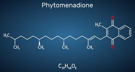 Phytomenadione, vitamin K1, phylloquinone molecule. It is essential fat soluble vitamin, is important in maintaining normal blood coagulation. Dark blue background. Vector illustration
