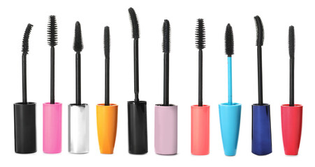 Obraz premium Set with different mascara wands on white background. Banner design
