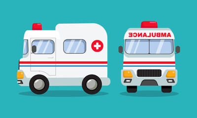 Ambulance car vehicle in side and front view. Flat style vector cartoon design