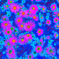 Fototapeta na wymiar Bright pink neon colored summer flowers in abstract style on dark blue background. Night club party Poster, Rave festival or disco dance flyer design template. Vaporwave modern floral pattern