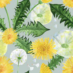 vegetable print dandelions with leaves and flowers on a grey background