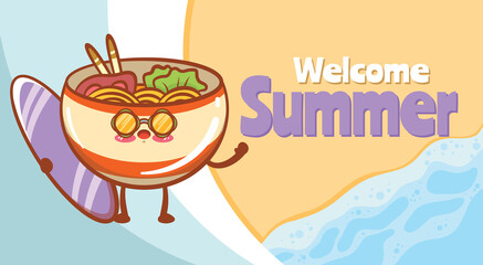 cute ramen holding surfing board with a summer greeting banner.