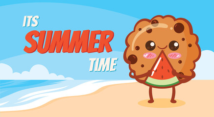 cute cookies holding a watermelon with a summer greeting banner.