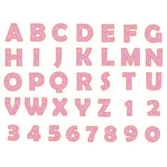 Donut alphabet and numbers on white background. Bakery sweet tasty font. Pink letters and numbers.
