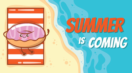 cute donuts relaxing on the beach with a summer greeting banner