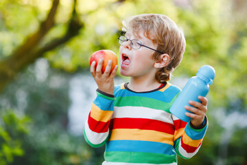 Happy little preschool boy with apple and drink bottle on his first day to elementary school or nursery. Smiling child, student with glasses, outdoors. Back to school education concept.