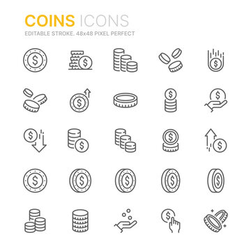 Collection of coins related outline icons. 48x48 Pixel Perfect. Editable stroke