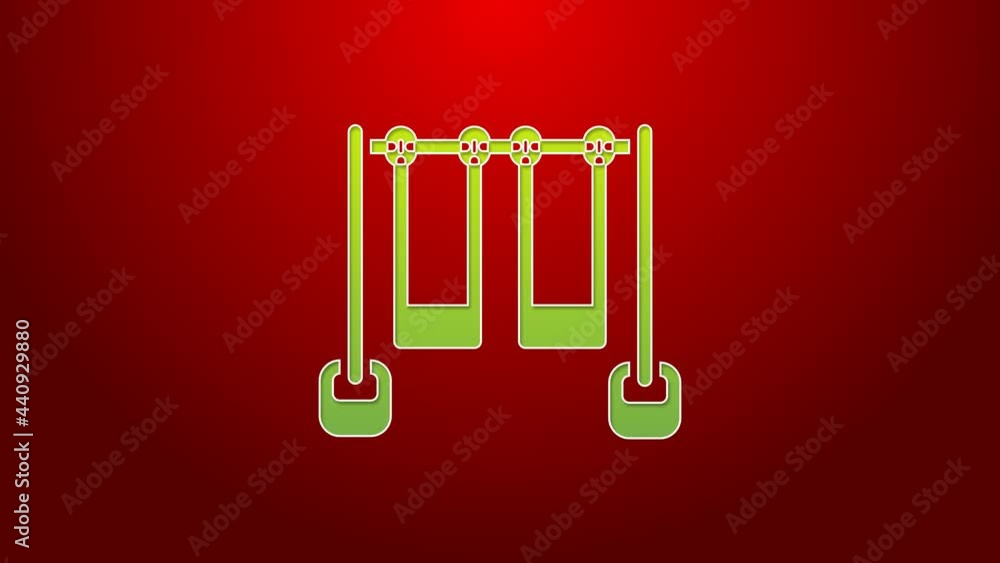 Poster Green line Double swing for kids summer games on playground icon isolated on red background. Outdoor entertainment equipment. 4K Video motion graphic animation