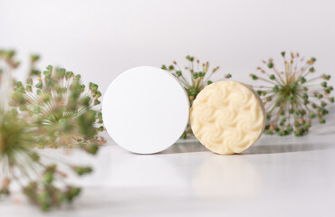 Skin care, body care products (soap and solid shampoo) and packaging with copy space on a light background with plant elements with selective focus. The concept of spa and natural skin care.