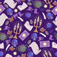 Magic seamless pattern. Preparing poison in cauldron, taro cards, candles, prediction ball, magic books, and witch hats on violet background. Halloween magic and wizard party backdrop concept.