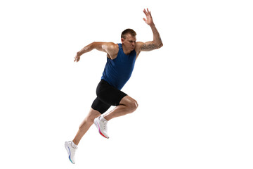 Caucasian professional male athlete, runner training isolated on white studio background. Muscular, sportive man. Concept of action, motion, youth, healthy lifestyle. Copyspace for ad.