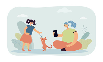 Mother filming daughter playing with cat. Woman holding phone and recording video of girl with animal flat vector illustration. Family, pets concept for banner, website design or landing web page