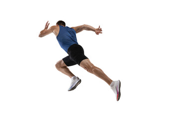 Fototapeta na wymiar Caucasian professional male athlete, runner training isolated on white studio background. Muscular, sportive man. Concept of action, motion, youth, healthy lifestyle. Copyspace for ad.