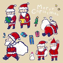 版画風の手描きかわいいイラストセット）クリスマスにプレゼントを届けるサンタ