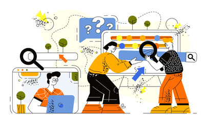 A team of people is looking for new ideas, solutions, and opportunities to improve the business and lift a career to success. A guy and a girl near the tablet are holding a search bar and a magnifying