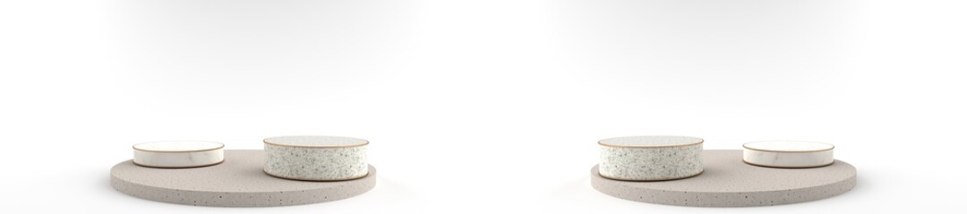 3D rendering of Round marble pedestal, Podium for display product on the white floor. Pedestal can be used for commercial advertising, Isolated on white background, Product Presentation, illustration.