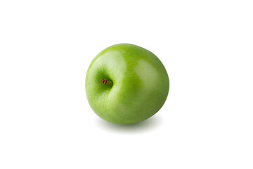 Green apple with green leaf and cut slice with seed isolated on white background.