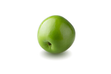 Green apple with green leaf and cut slice with seed isolated on white background.