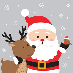 Cute cartoon Santa Claus and reindeer, vector illustration
