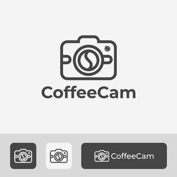 camera logo, unique coffee cup lens illustration vector design with minimal line art syle