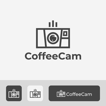 vintage retro camera logo design with minimal line art style coffee cup combination, modern and simple icon symbol to capture the moment of drinking coffee