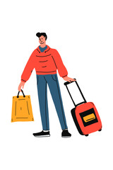 Tourist Traveler Man Vector Character Wearing Casual with Traveling Bags for Travel and Hiking Isolated in White Background. Vector Character