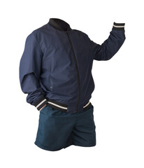 mens bomber jacket sports shorts isolated on white background. fashionable casual wear