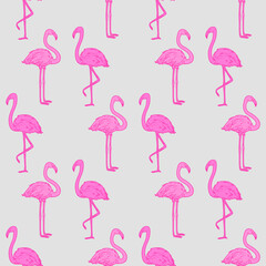 Seamless abstract wallpaper. Cute background with flamingos. Hand drawn cartoon birds. Bright colors. Print for polygraphy, t-shirts and textiles. Pretty texture. Pattern for design. Greeting cards