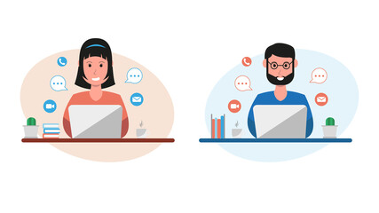Fototapeta premium Work from home, work at home, coworking space, concept illustration. Man and woman freelancers working on laptops and computer at home. Flat design work from home illustration