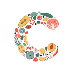 Vector vitamin C (ascorbic acid) sources set. Fruits, vegetables and berries collection. Healthy food, dietetics products, organic. Cartoon flat illustration