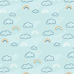 children's print with rainbows, background for boys, pattern for children's bed linen, print for little boys, clouds, stars, abstraction