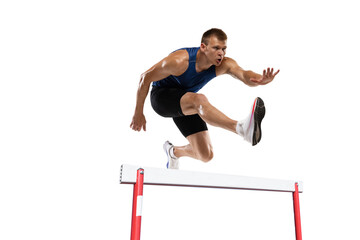 Athlete man athlete jumps over the barrier isolated on white background.