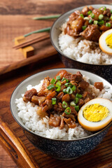 Braised meat over cooked rice, famous and delicious street food in Taiwan.