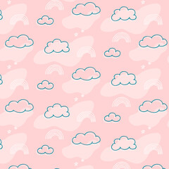 children's print with rainbows, background for girls, pattern for children's bed linen, print for little girls, clouds, stars, abstraction, pink pattern