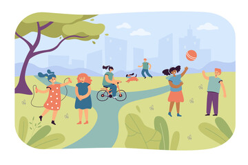 Children playing in city park. Flat vector illustration. Kids having fun, playing ball, running with dog, riding bicycle, jumping rope. Camp, nature, childhood, activity concept for banner design