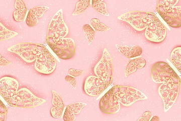 Festive background made with gold tracery illuminating butterflies and with shiny confetti on pink. Holiday concept. Top view Template for your design
