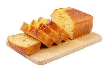 Sliced pound cake with lemon glaze on a cutting board isolated on a white background.